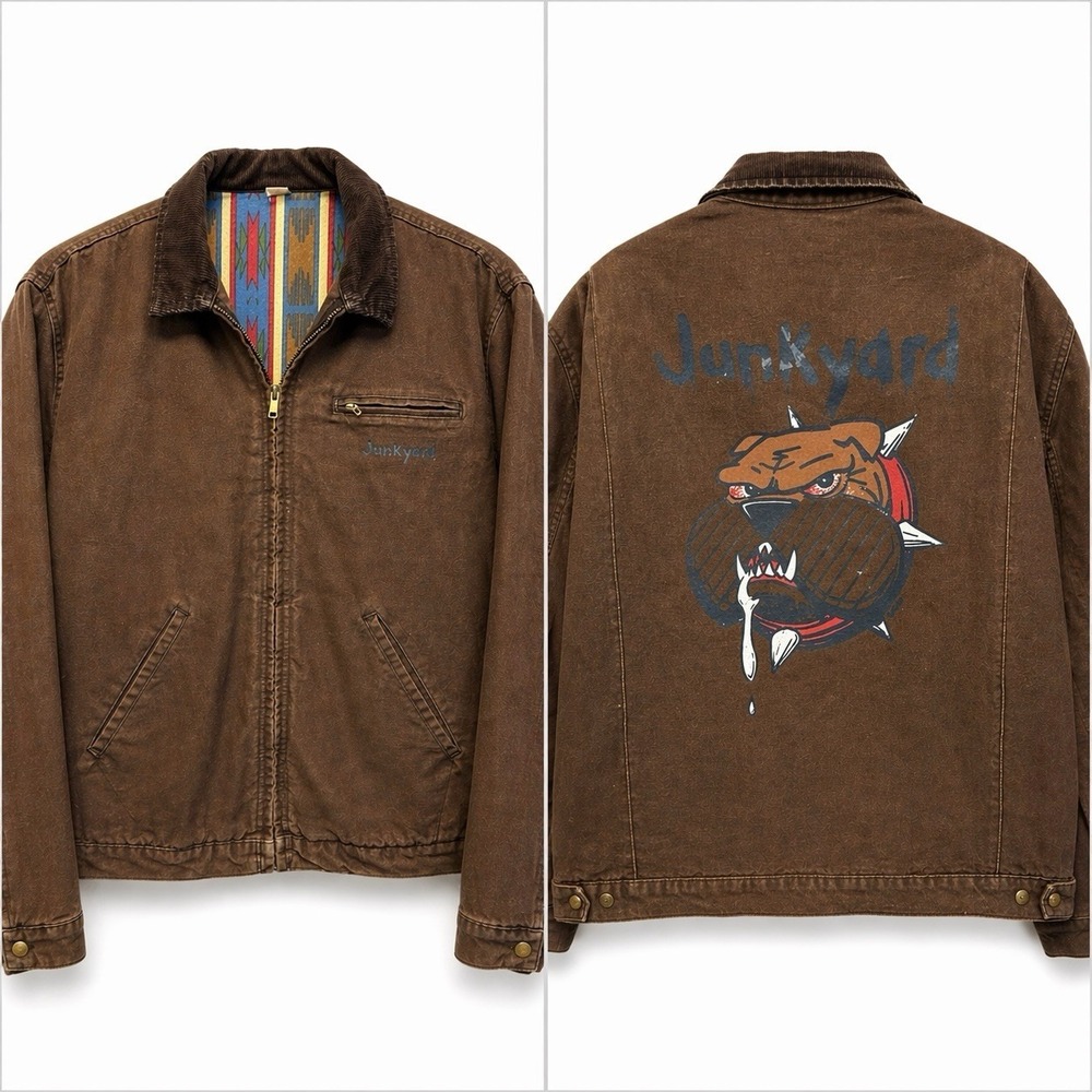 Vintage Dickies Detroit Jacket Aztec-Lined Men L/XL Junkyard Dog Graphic Brown